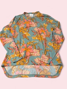 Roxy Rash Guard Teal Long Sleeve Floral Top with Pink & Gold Accents